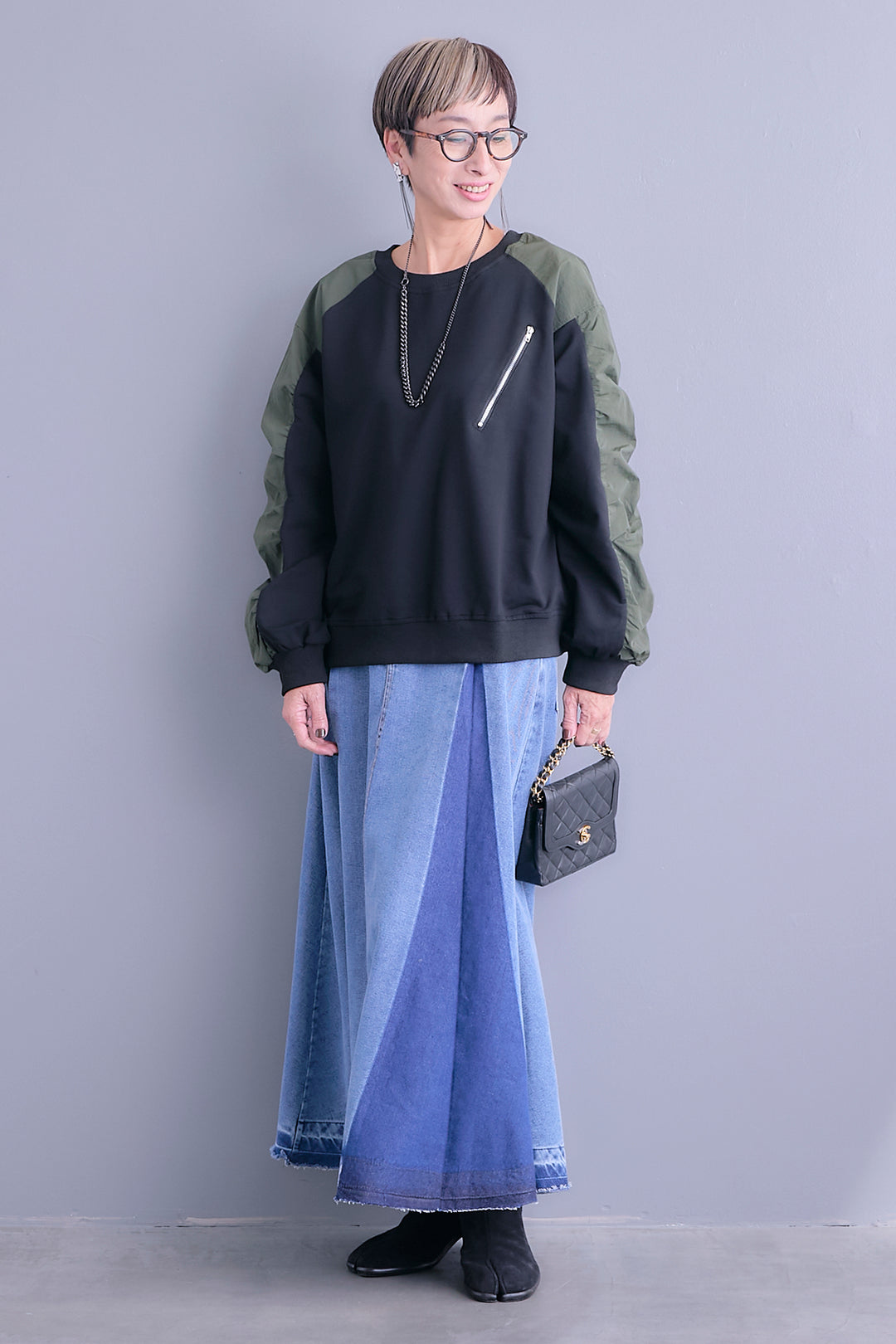 【SET】フロントZIPシャーリングスリーブトップス+プリーツタックデニムスカート(2set)