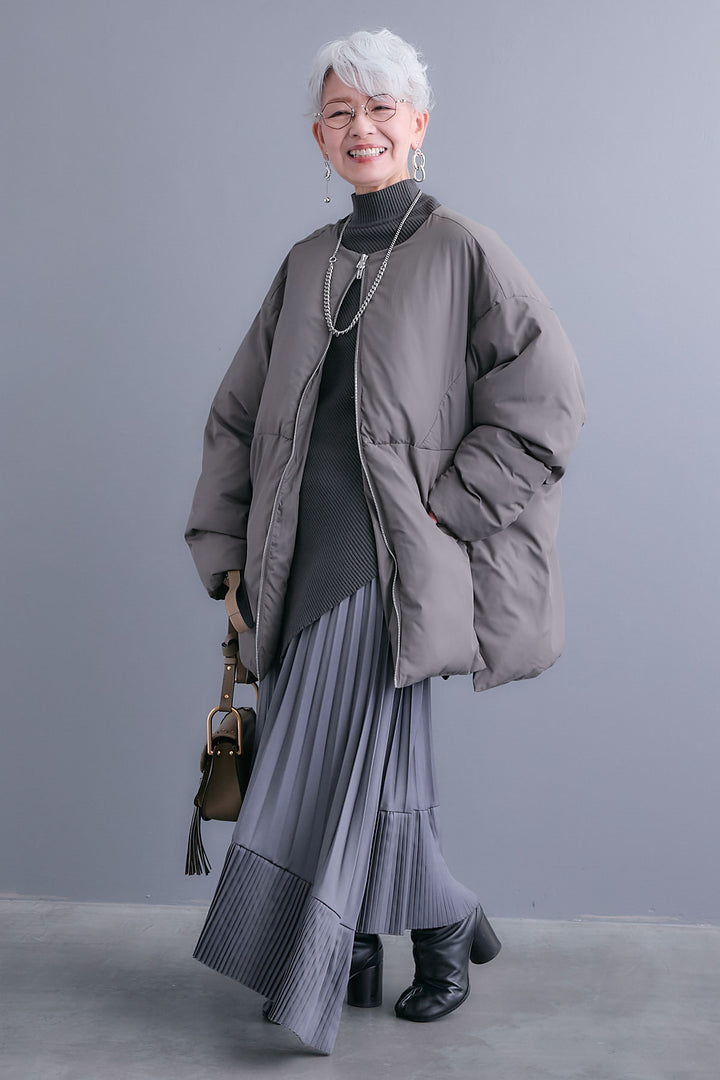 【SET】アシンメトリーオーバーニット+ファイバーダウンシェルジャケット+アシンメトリープリーツスカート(3set)