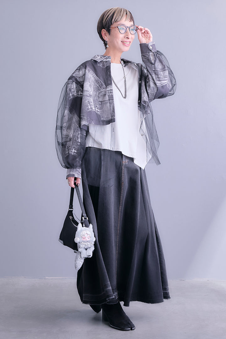 【SET】デニムグラフィックチュールレイヤードシャツ+アシンメトリーロンT+プリーツタックデニムスカート(3set)
