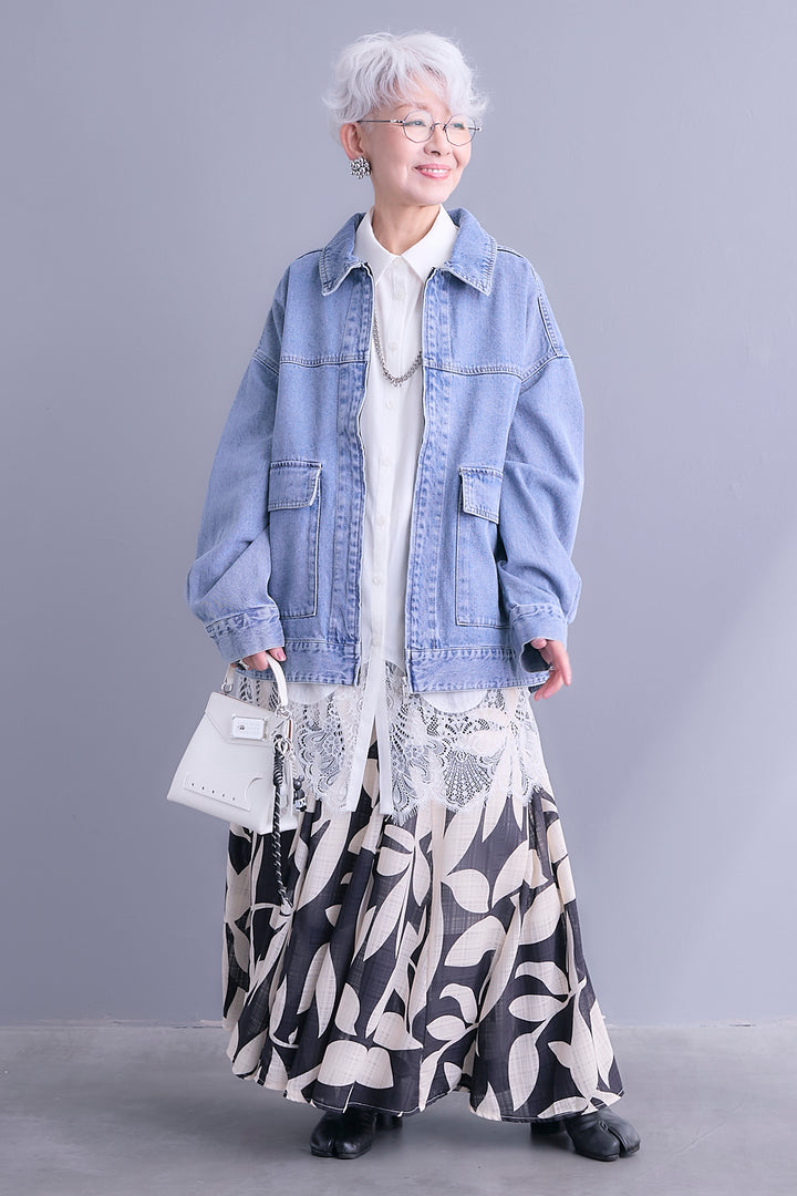 【SET】ジップアップデニムブルゾン+ヘムレースロングシャツ+リーフアートフレアスカート(3set)
