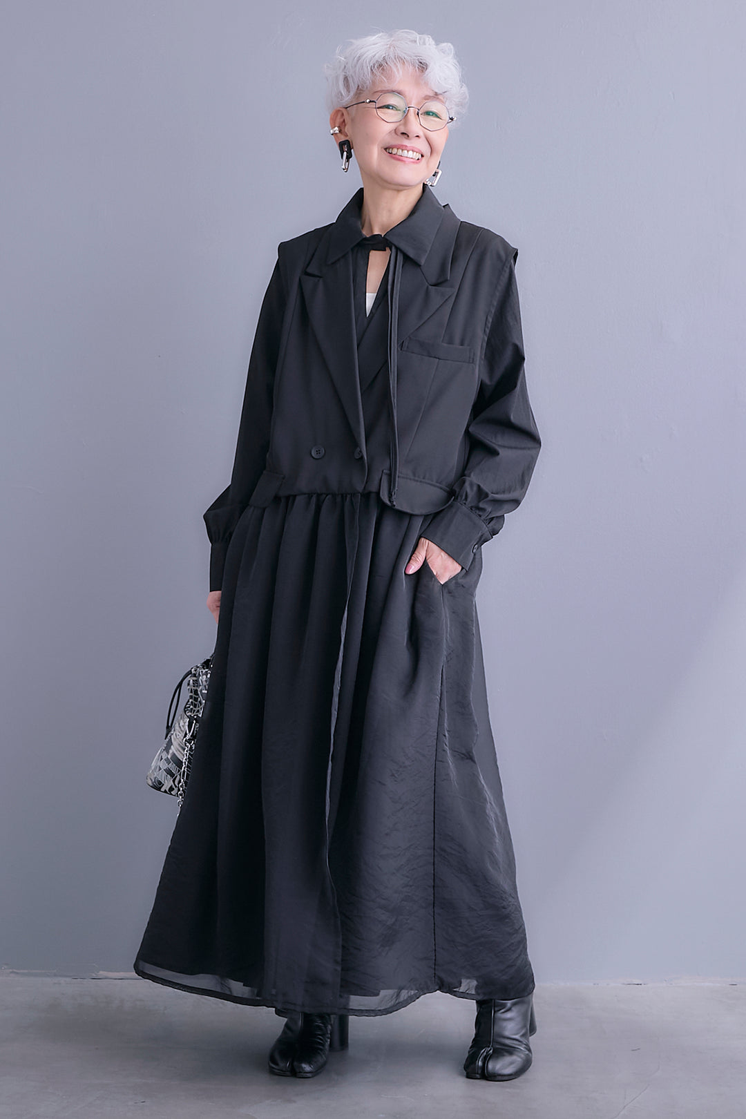 【SET】シアーオーガンジージャケットベスト+コードキーネックシャーリングデザインワンピース(2set)