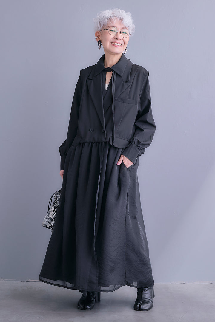 【SET】シアーオーガンジージャケットベスト+コードキーネックシャーリングデザインワンピース(2set)