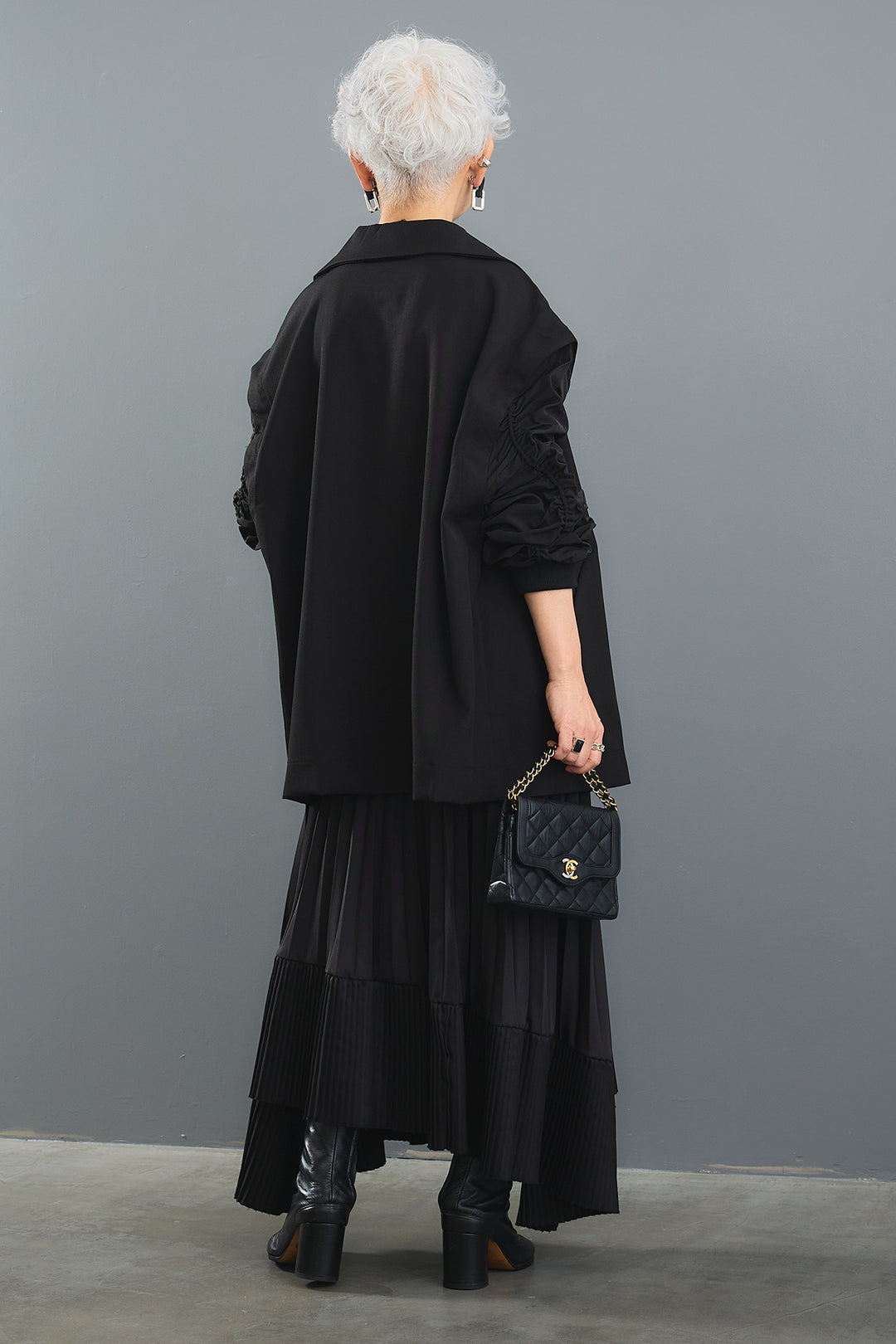 【SET】アシンメトリーロンT+シャーリングMA-1ジャケット【2WAY】+アシンメトリープリーツスカート(3set)