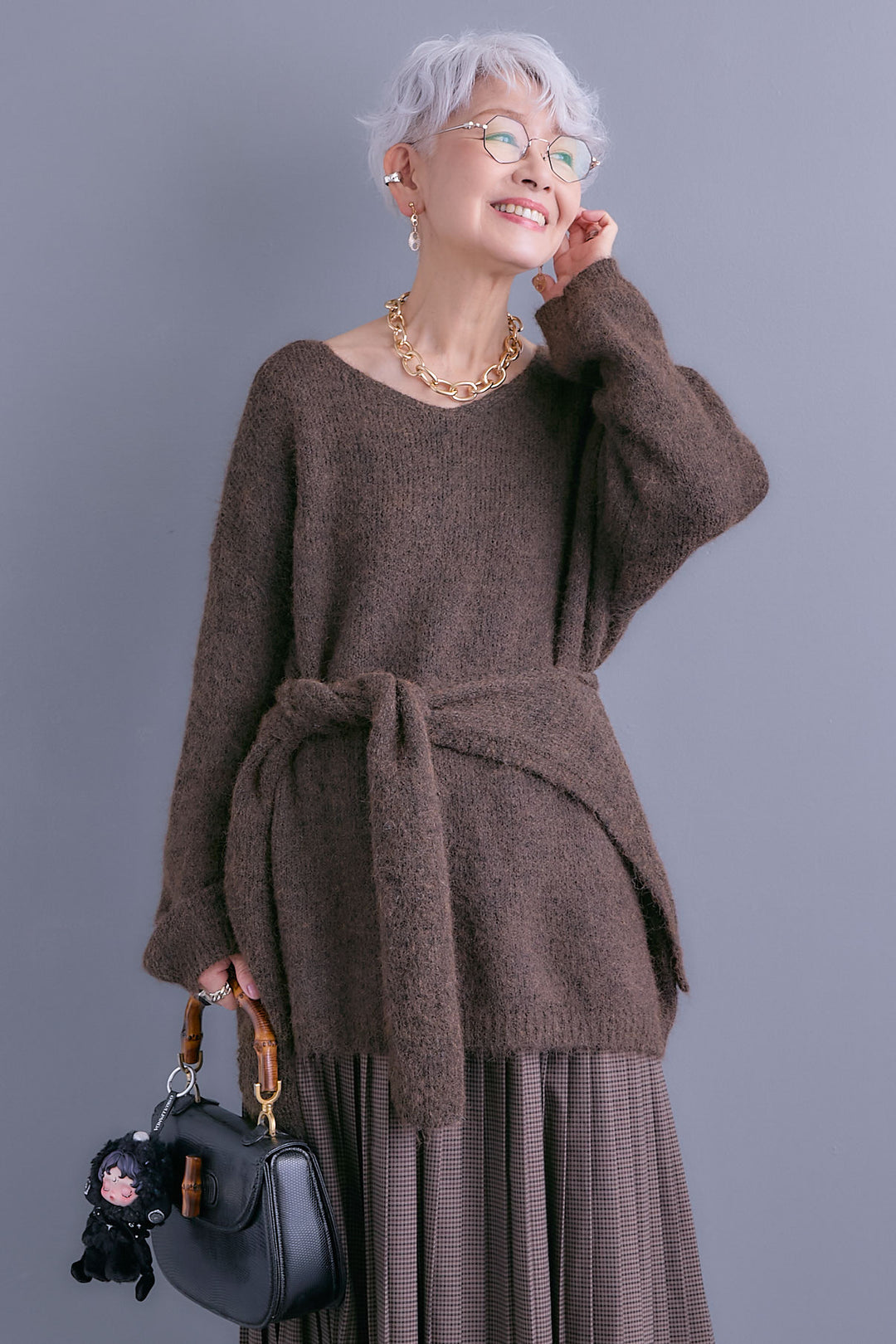 【SET】カーデケープVネックニット+グレンチェックプリーツスカート(2set)