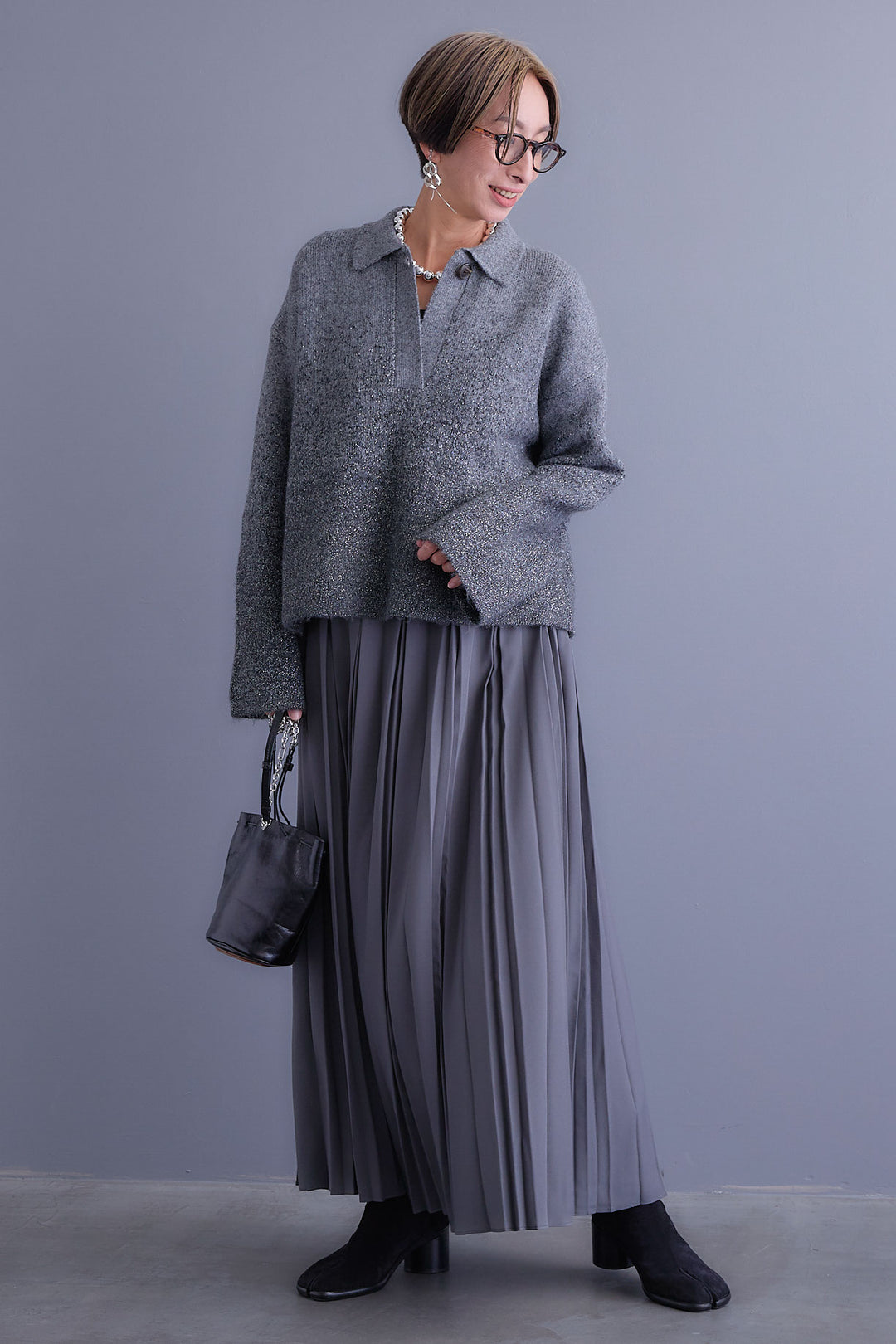 【SET】グラデーションラメキーネックニット+ダブルプリーツロングスカート(2set)