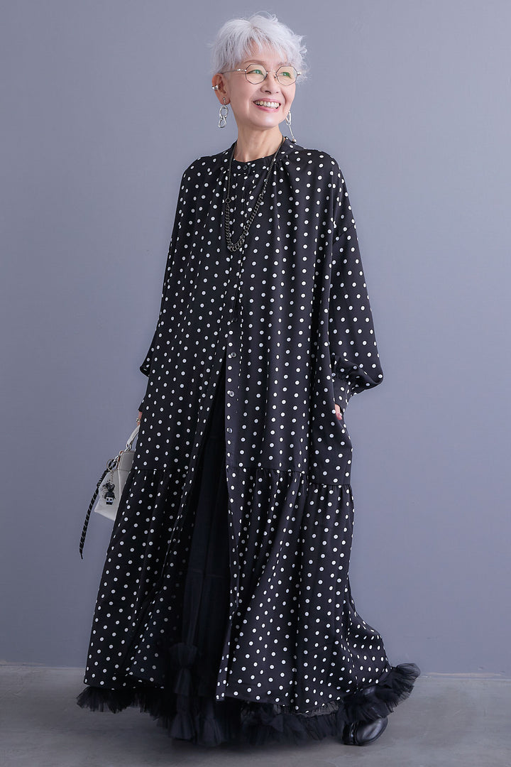 【SET】ボリュームスリーブバックシャンワンピース+フリルチュールティアードスカート(2set)