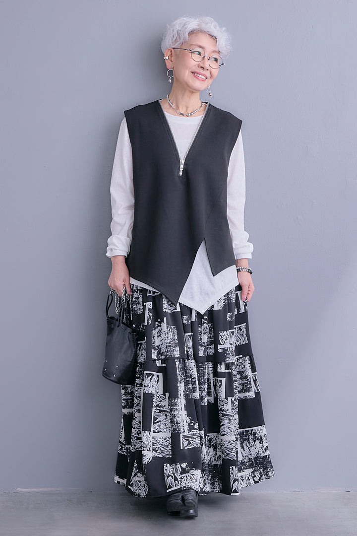 【SET】ZIPオープンVネックベスト+アシメロンT+スズランモノトーンフレアスカート(2set)