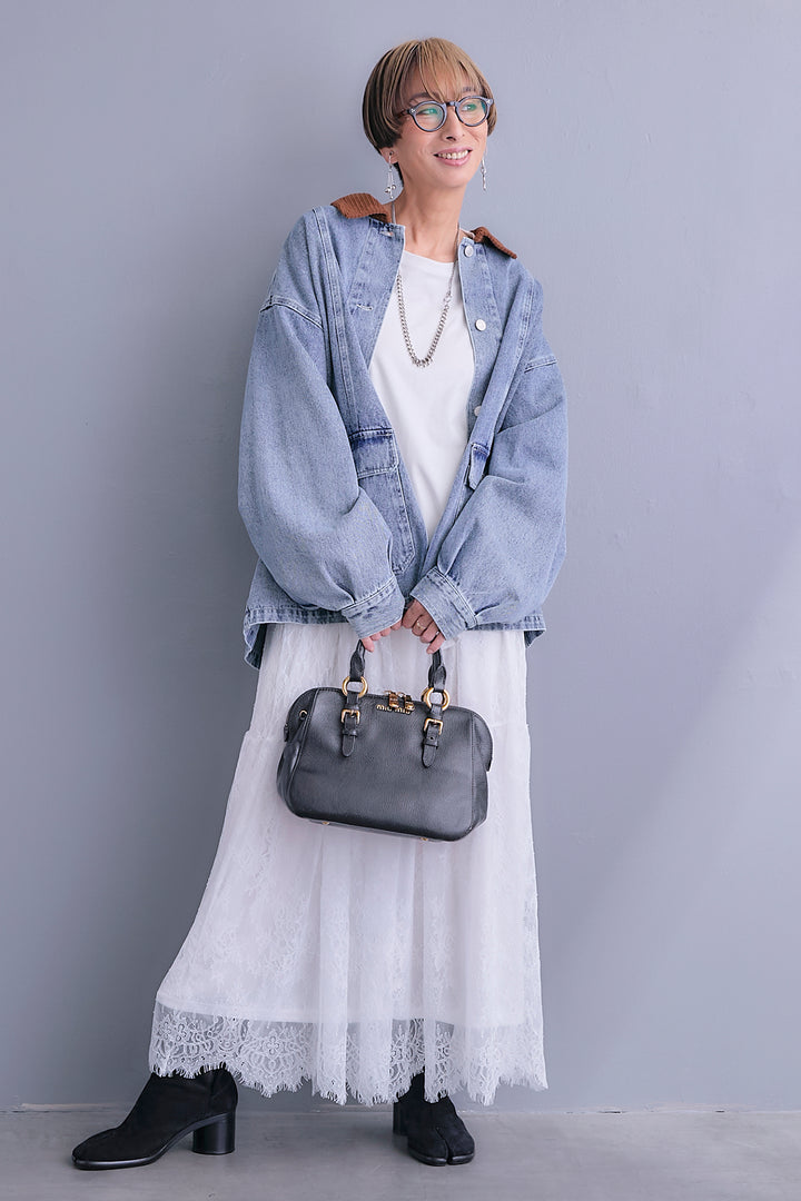 【SET】コーデュロイカラー10ozデニムジャケット+アシンメトリーロンT+アイラッシュレースロングスカート(3set)