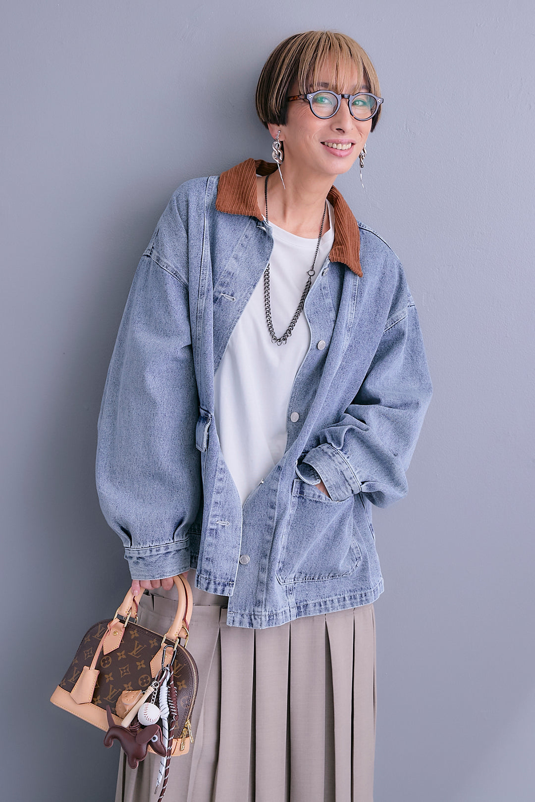 【SET】コーデュロイカラー10ozデニムジャケット+アシンメトリーロンT+ボックスプリーツロングスカート(3set)