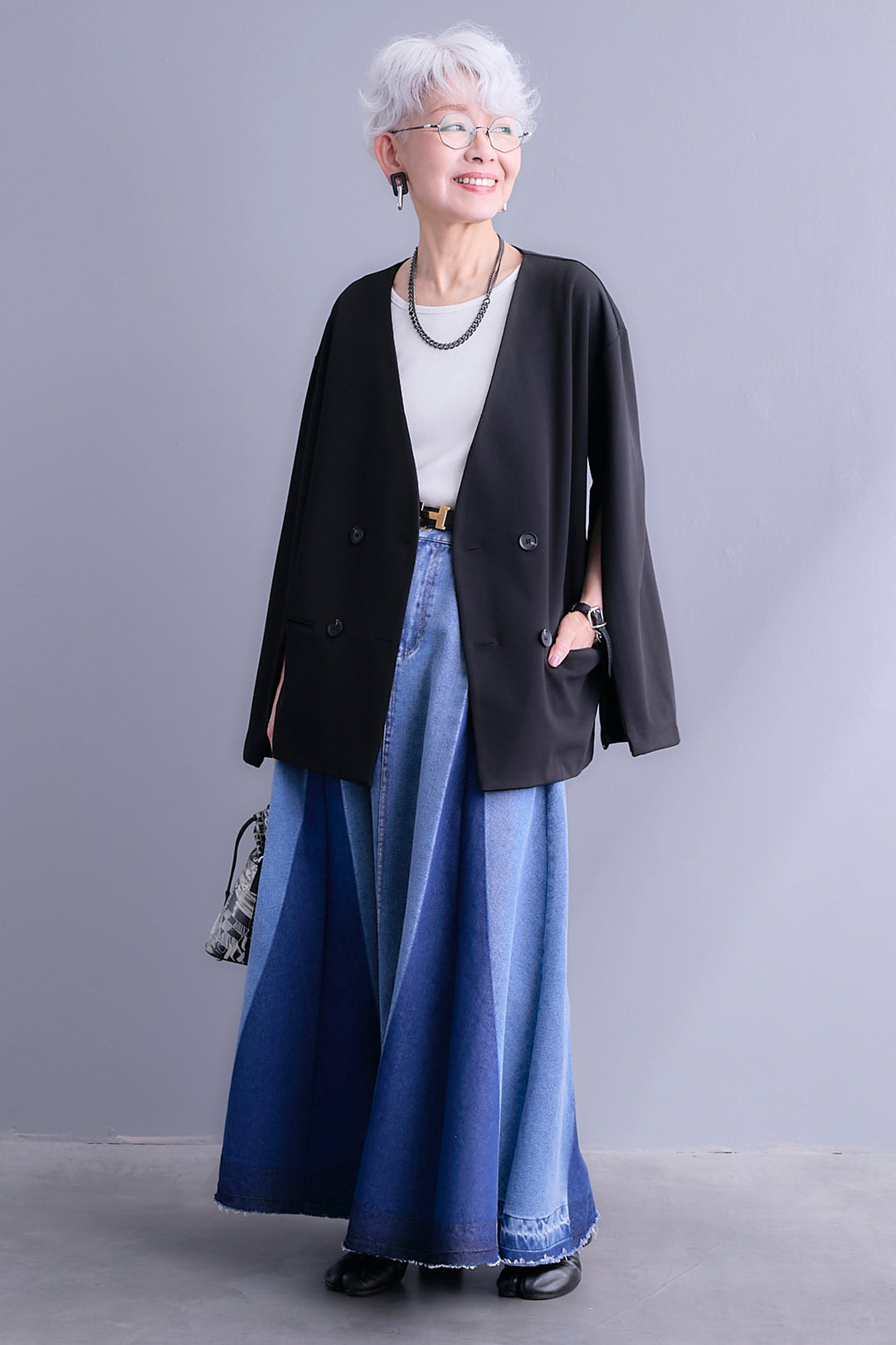 【SET】ZIPスリーブケープライク2WAYジャケット+プリーツタックデニムスカート(2set)