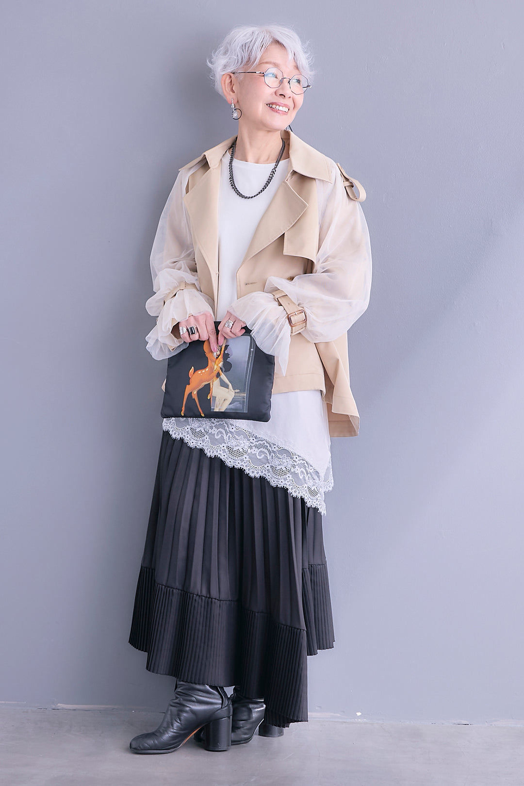 【SET】チュールレイヤードショートトレンチ+ヘムレースアシメロンT+アシンメトリープリーツスカート(3set)