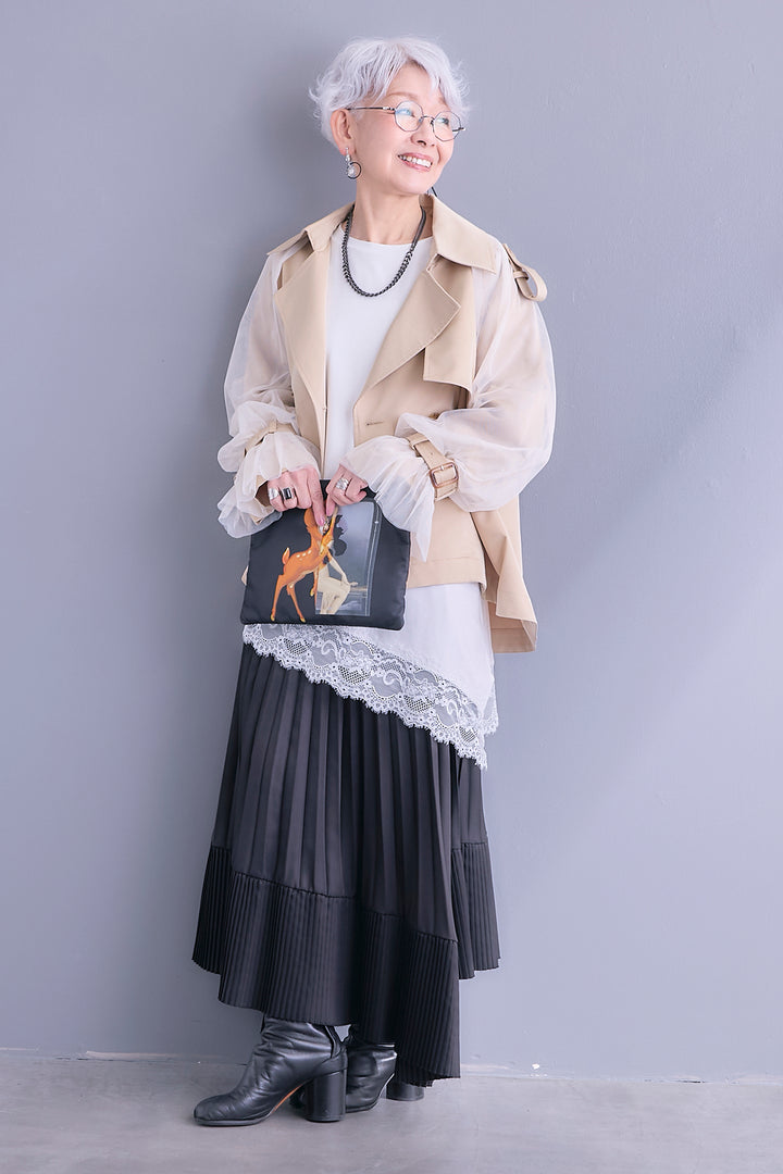 【SET】チュールレイヤードショートトレンチ+ヘムレースアシメロンT+アシンメトリープリーツスカート(3set)