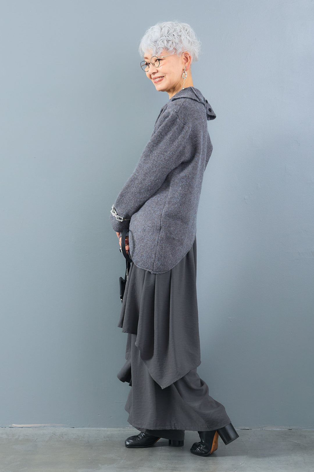 【SET】アシメハイネックボタンニット+アシメレイヤードワイドパンツ(2set)