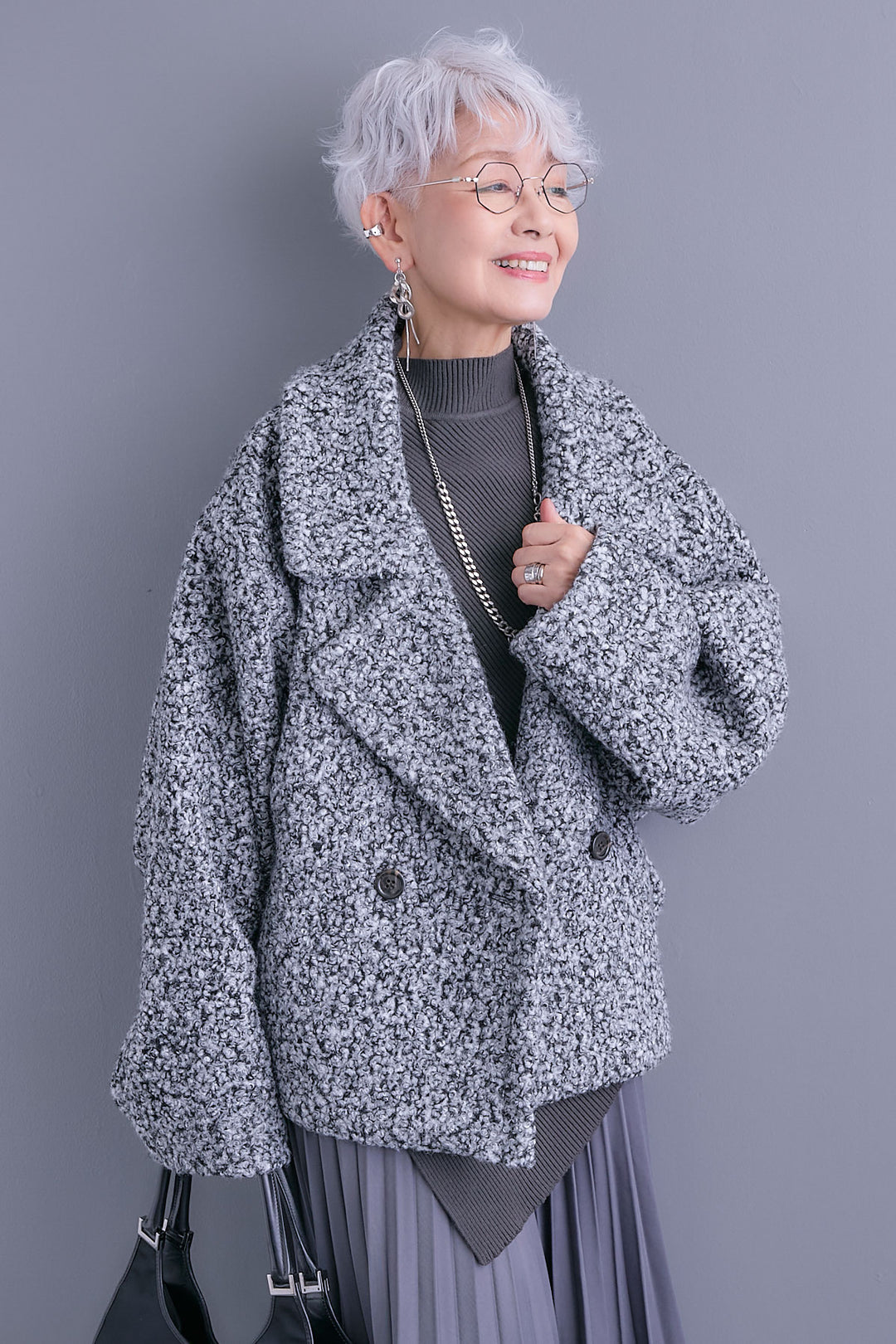 【SET】アシンメトリーオーバーニット+ブークレーオーバーミディコート+アシンメトリープリーツスカート(3set)