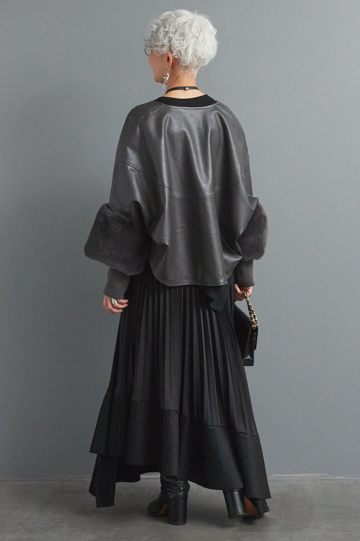 【SET】アシンメトリーロンT+ファースリーブドルマンエコレザージャケット+アシンメトリープリーツスカート(3set)