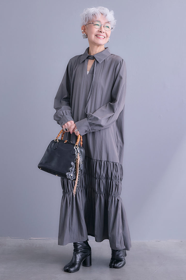 【予約】コードキーネックシャーリングデザインワンピース