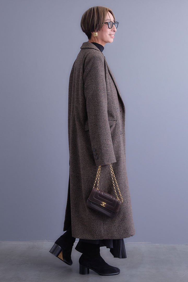 【SET】アシンメトリーオーバーニット+ツイードロングチェスターコート+アシンメトリープリーツスカート(3set)