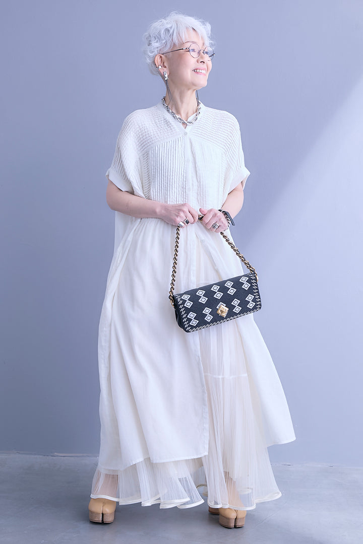 【SET】モスコットンピンタック×ハシゴレースワンピース+2WAYラメサテンプリーツ×シアーティアードチュールスカート(2set)