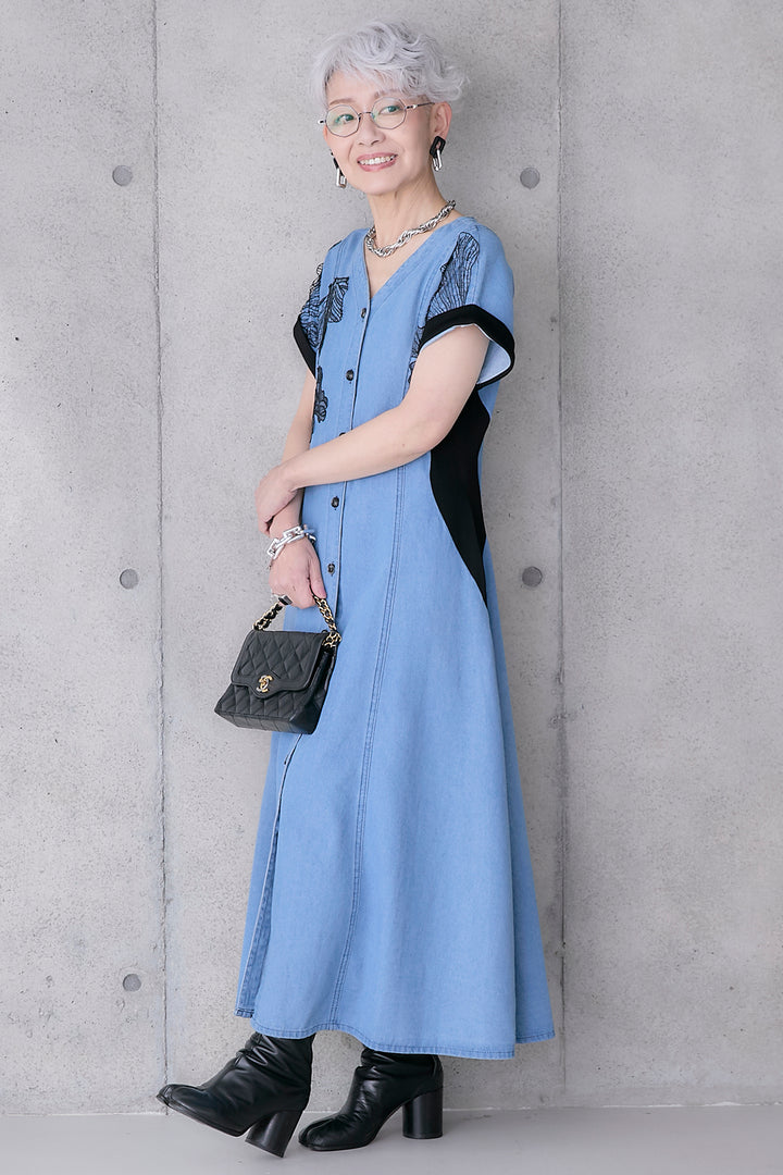 【予約】レースフラワーエンブロイダリーデニムワンピース