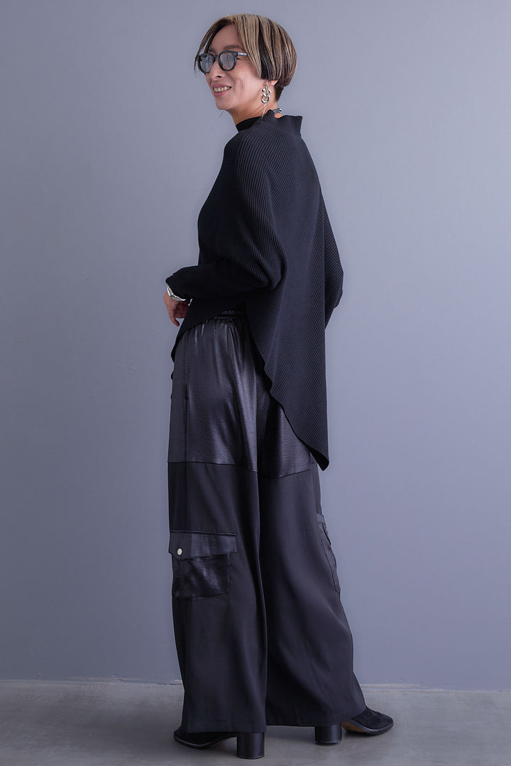 【SET】アシンメトリーオーバーニット+パテントデザインワイドパンツ(2set)