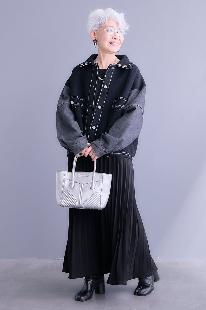 【SET】ステッチニット×デニムスリーブジャケット+プリーツストレッチロングワンピース(2set)