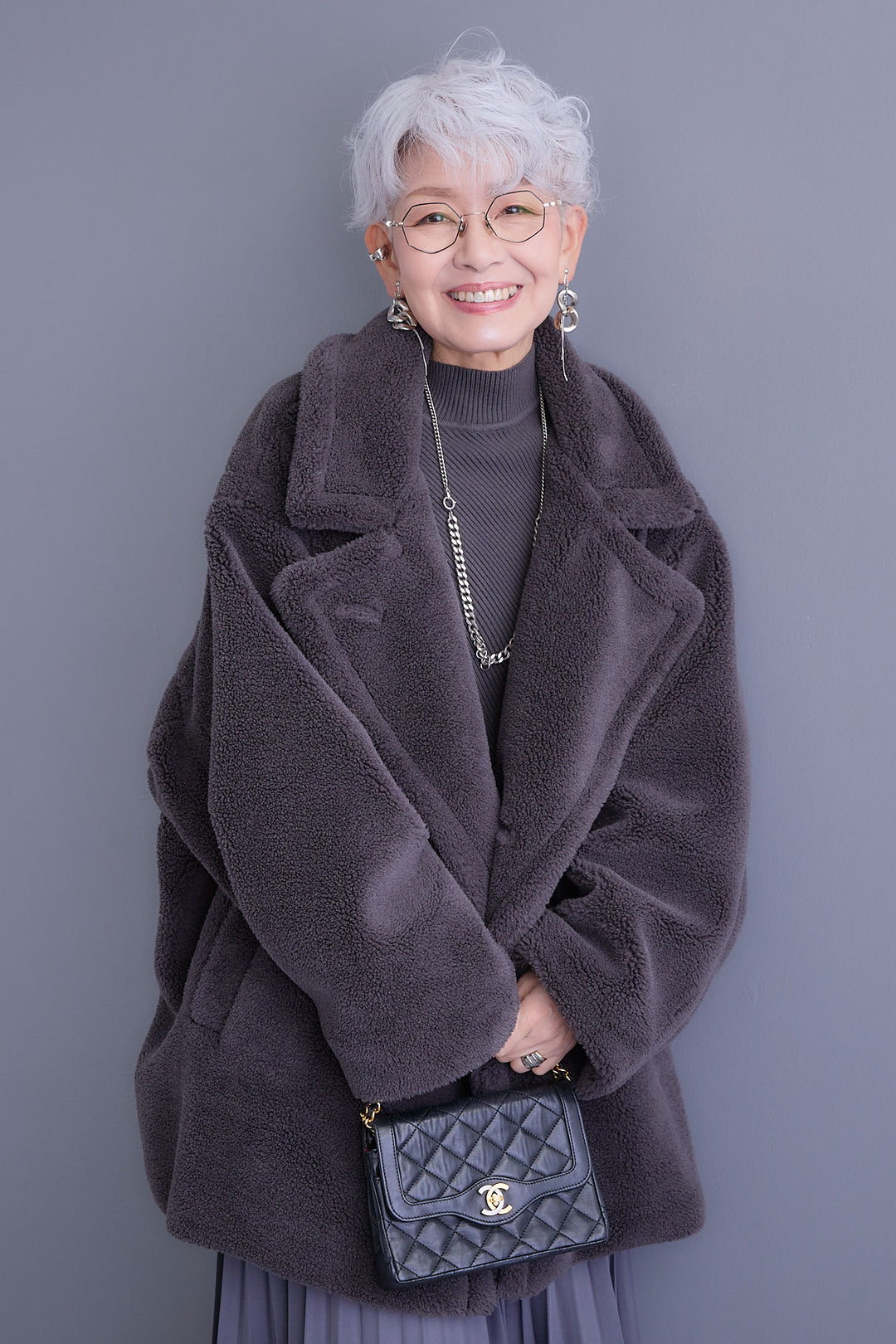 【SET】アシンメトリーオーバーニット+テディボアミディコート+アシンメトリープリーツスカート(3set)