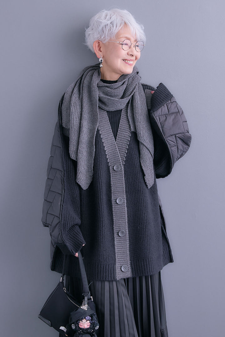 【SET】バックキルティングローゲージニットカーディガン【ストール付き】+アシンメトリープリーツスカート(2set)