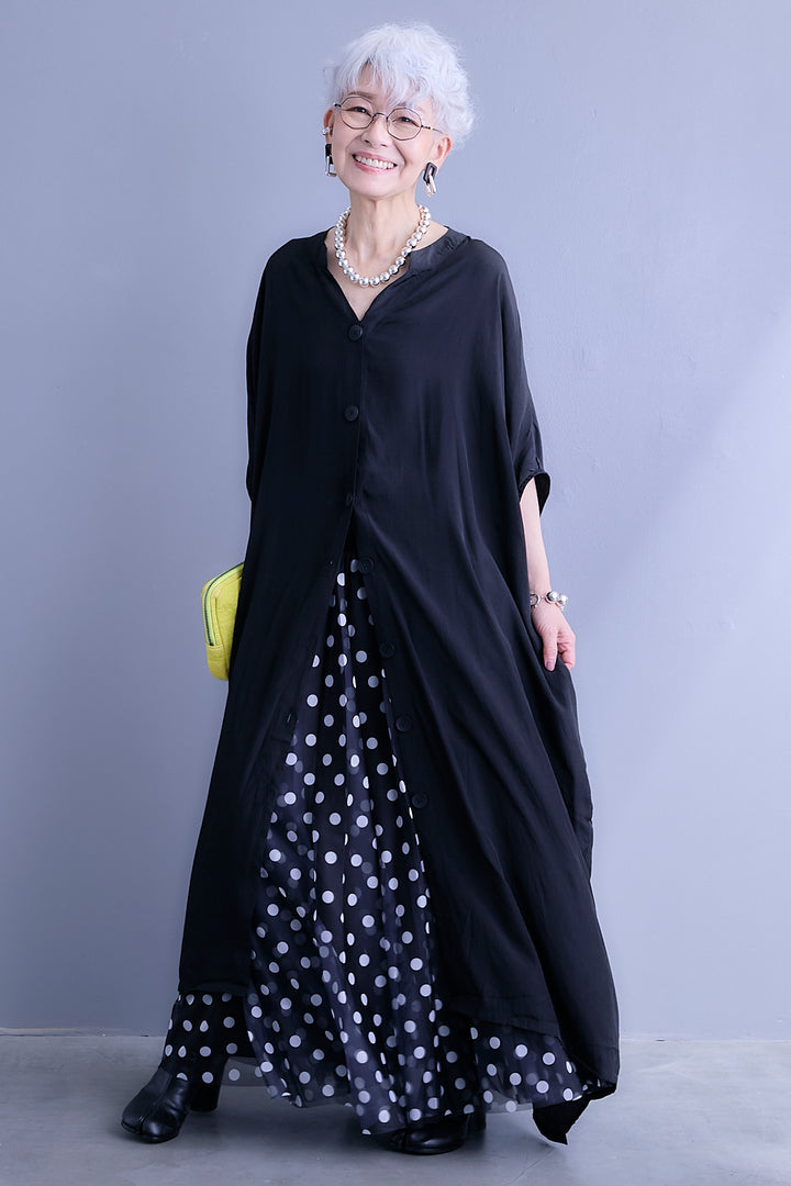 【SET】ドルマンルーズシャツワンピース+ドットチュールフレアスカート(2set)