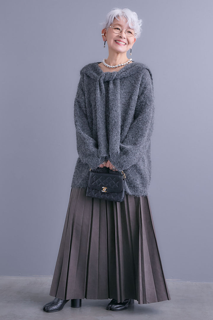 【SET】カーデケープVネックニット+スエードロングプリーツスカート(2set)