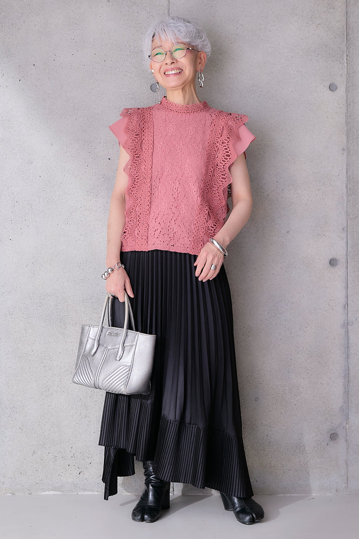 【SET】接触冷感スタンドカラーフレンチスリーブレースブラウス+アシンメトリープリーツスカート(2set)