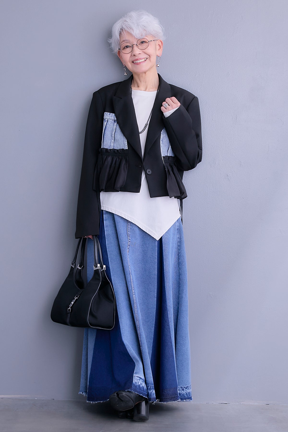 アシンメトリーロンT、プリーツスカート、ノーカラーデニムジャケット3set 005_3156cf00-3694-47c8-8ca4-