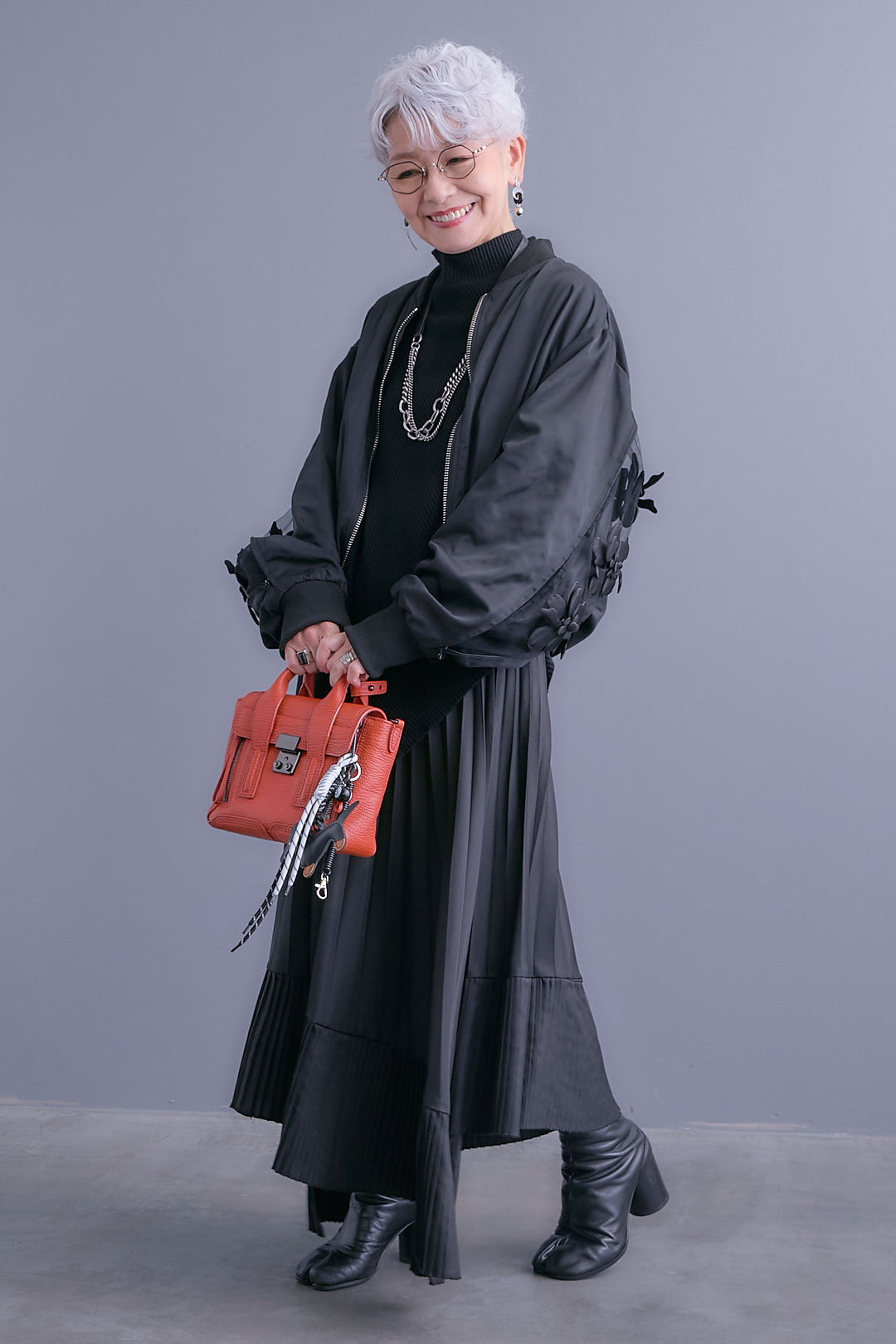 【SET】アシンメトリーオーバーニット+チュールフラワースリーブMA-1【2WAY】+アシンメトリープリーツスカート(3set)