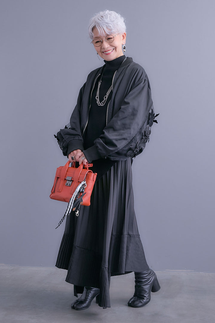 【SET】アシンメトリーオーバーニット+チュールフラワースリーブMA-1【2WAY】+アシンメトリープリーツスカート(3set)