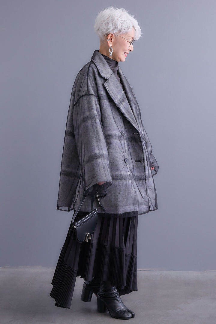 【SET】アシンメトリーオーバーニット+チュールレイヤードシャギーチェックコート+アシンメトリープリーツスカート(3set)