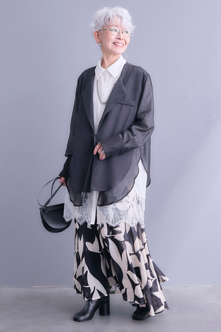 【SET】シアーシャツドッキングジャケット+ヘムレースロングシャツ+リーフアートフレアスカート(3set)