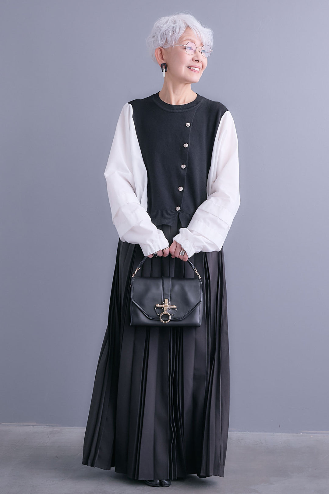 【SET】タックスリーブシャツニットコンビプルオーバー+ダブルプリーツロングスカート(2set)