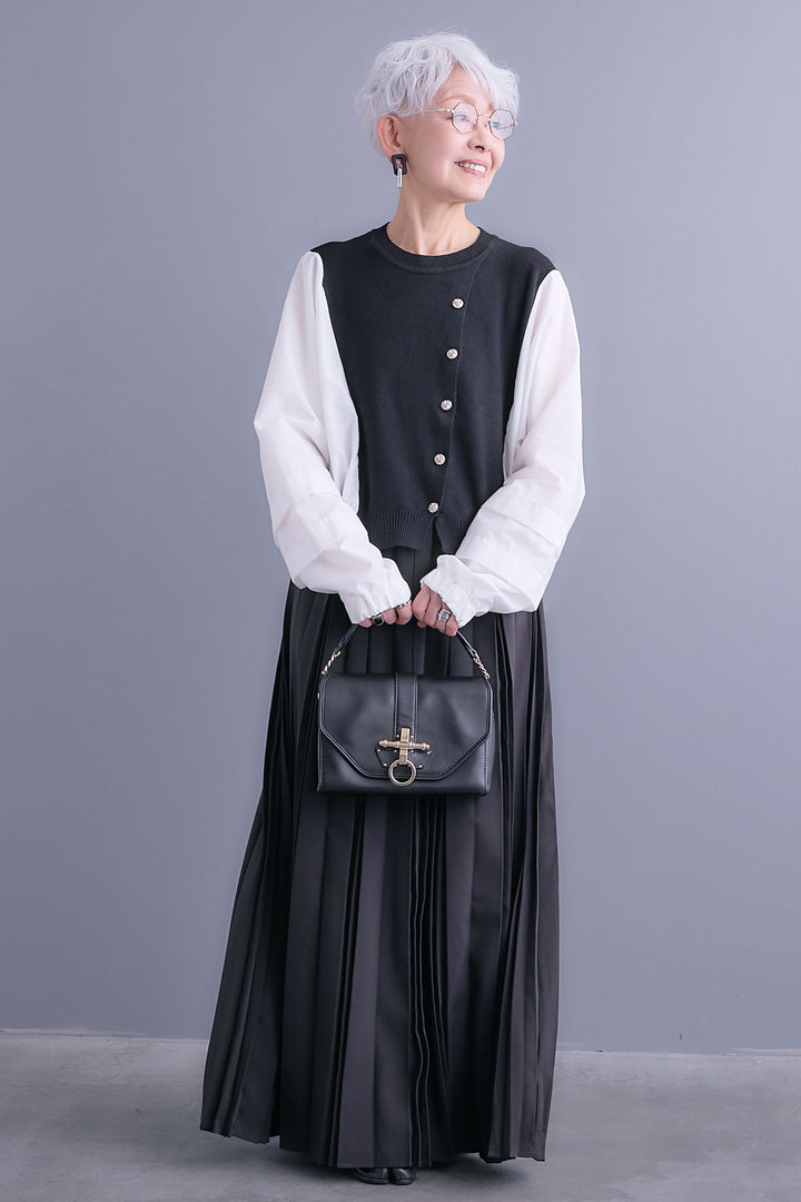 【SET】タックスリーブシャツニットコンビプルオーバー+ダブルプリーツロングスカート(2set)