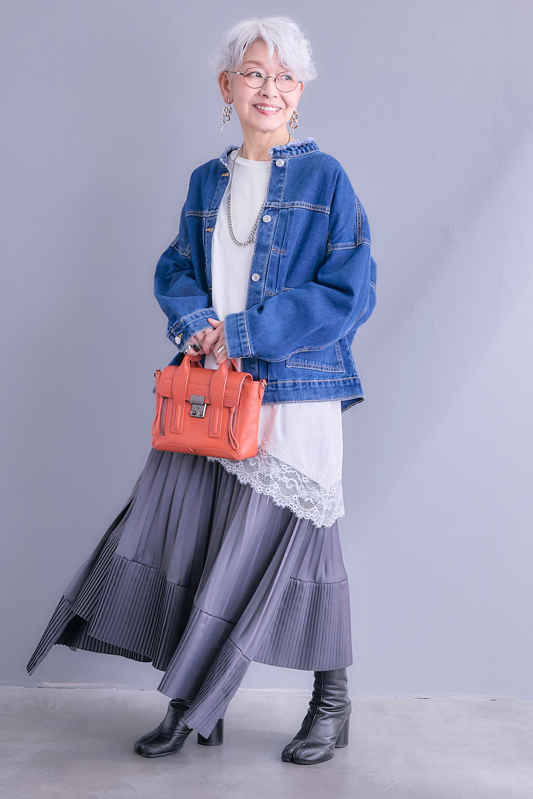 【SET】ノーカラーオーバーサイズデニムジャケット+ヘムレースアシメロンT+アシンメトリープリーツスカート(3set)