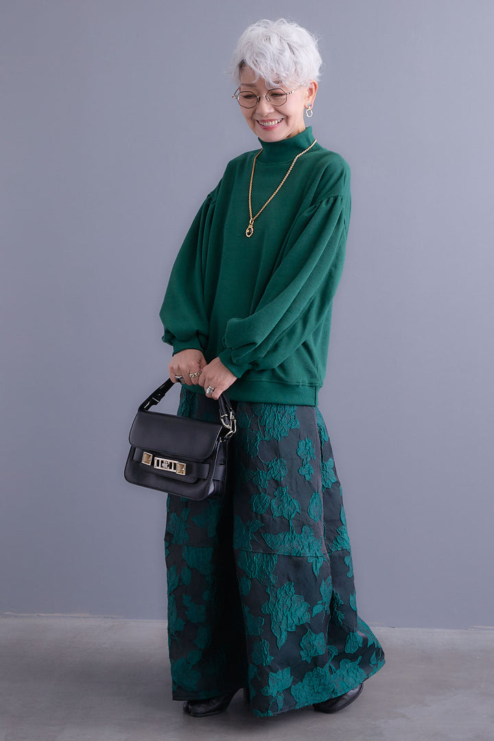 【SET】ボリュームスリーブモックネックプルオーバー+ジャガードフラワースカート(2set)