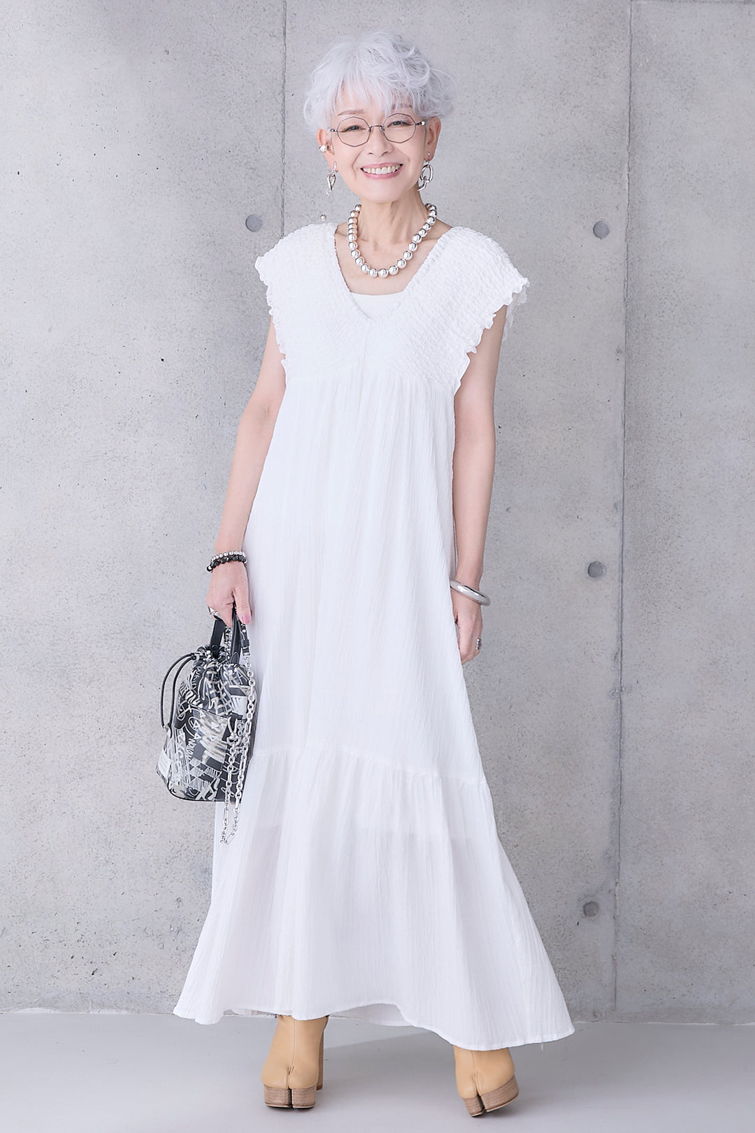 【予約】シャーリングストライプジャガードワンピース