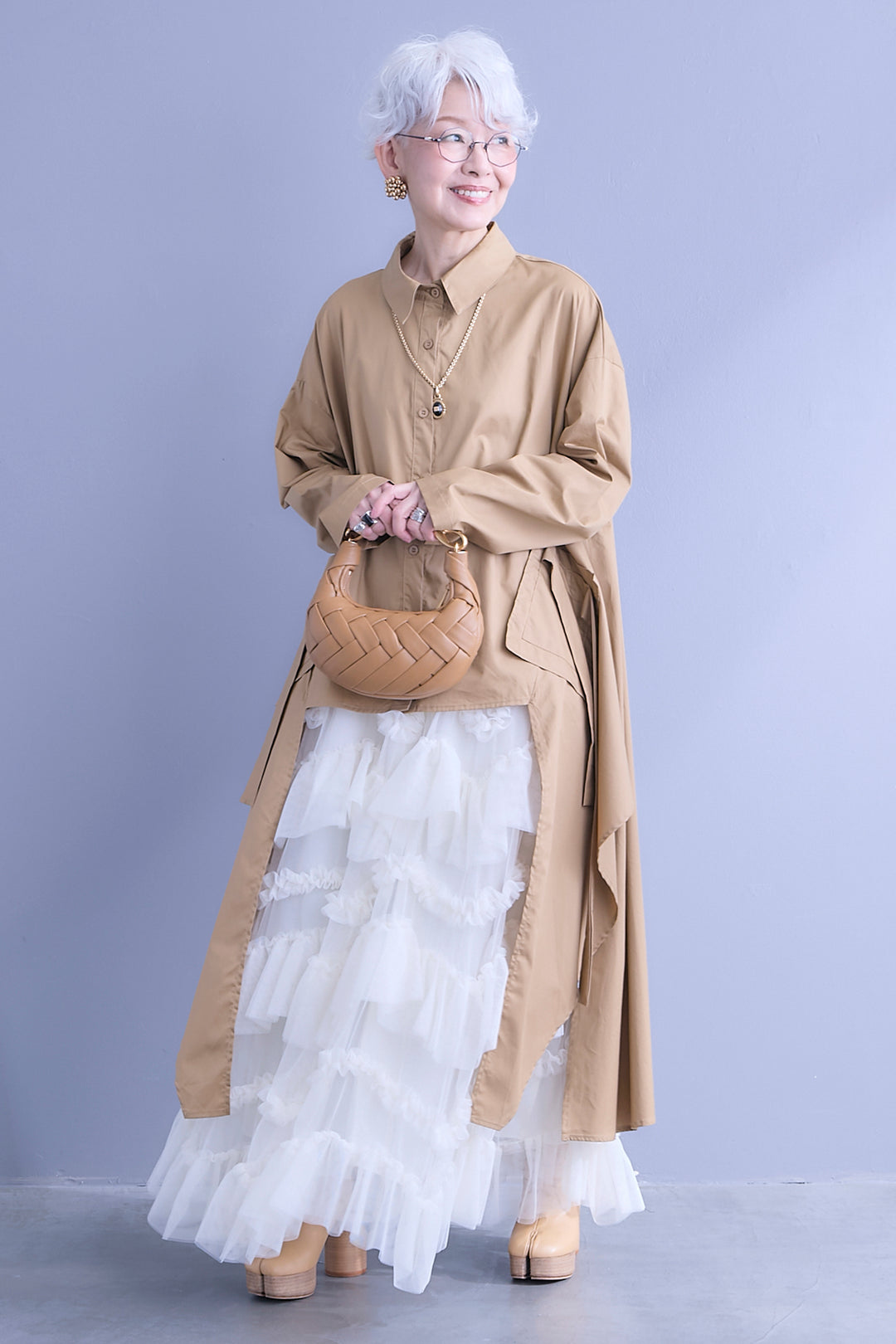 【SET】ロングテールアシメカットデザインシャツ+ペタルティアードチュールスカート(2set)