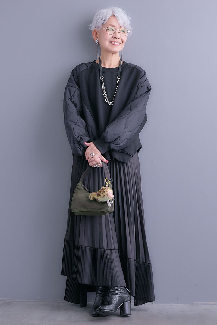 【SET】キルティングドッキングデザインプルオーバー+アシンメトリープリーツスカート(2set)