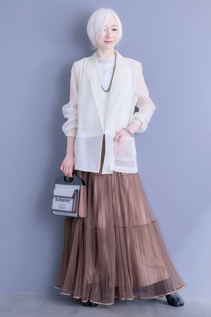 【SET】シアーポプリンダブルテーラードジャケット+ウェーブモチーフスタンドネックブラウス+2WAYラメサテンプリーツ×シアーティアードチュールスカート(3set)