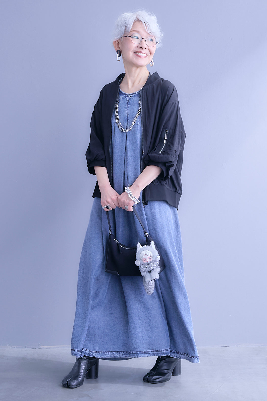 【SET】バルーンハーフスリーブMA-1ジャケット+パウダーシルクヴィンテージデニムワンピース(2set)