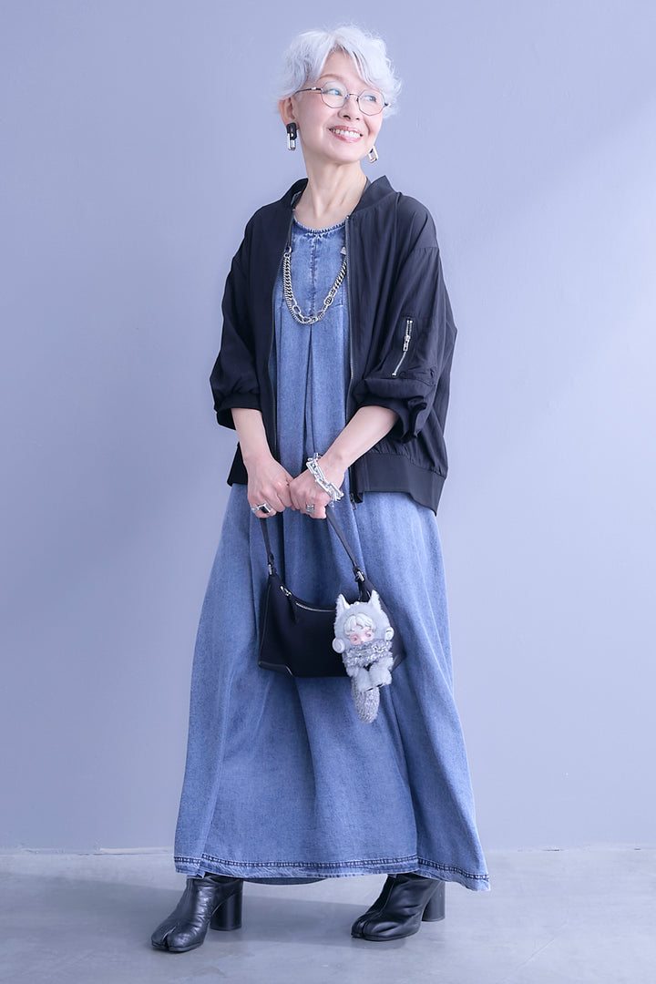 【SET】バルーンハーフスリーブMA-1ジャケット+パウダーシルクヴィンテージデニムワンピース(2set)