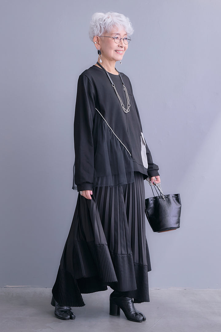 【SET】チュールギャザーアシメポケットプルオーバー+アシンメトリープリーツスカート(2set)