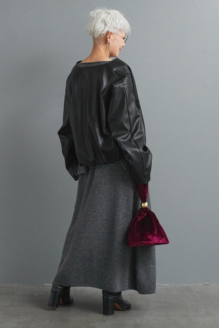 【SET】ビジューニットセットアップ+ラウンドシルエットエコレザーノーカラージャケット(2set)