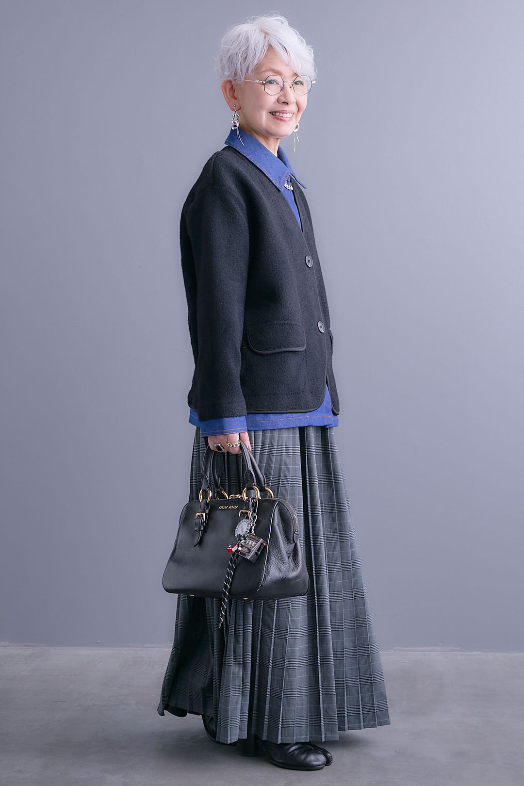 【SET】デニムレイヤードデザインカーディガン+グレンチェックプリーツスカート(2set)