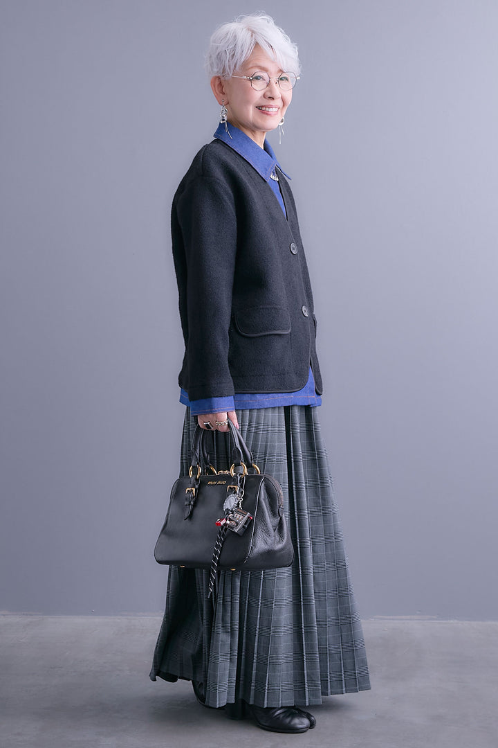 【SET】デニムレイヤードデザインカーディガン+グレンチェックプリーツスカート(2set)