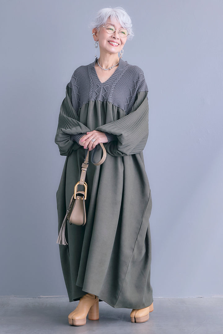 【予約】コーデュロイ×ニットコンビキーネックワンピース